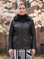 Morgan fur Collar Black Leather Jacket For Women