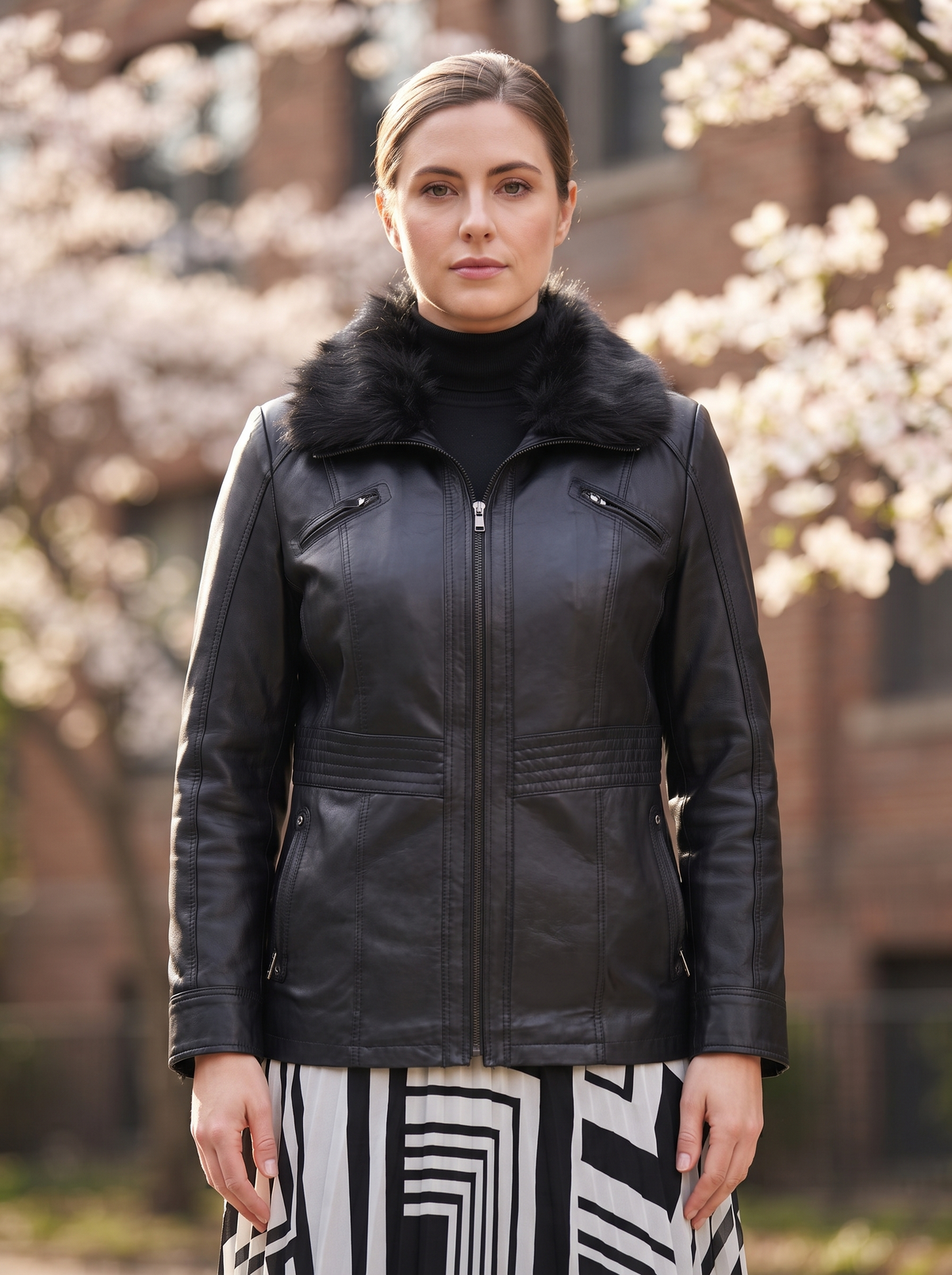 Morgan fur Collar Black Leather Jacket For Women