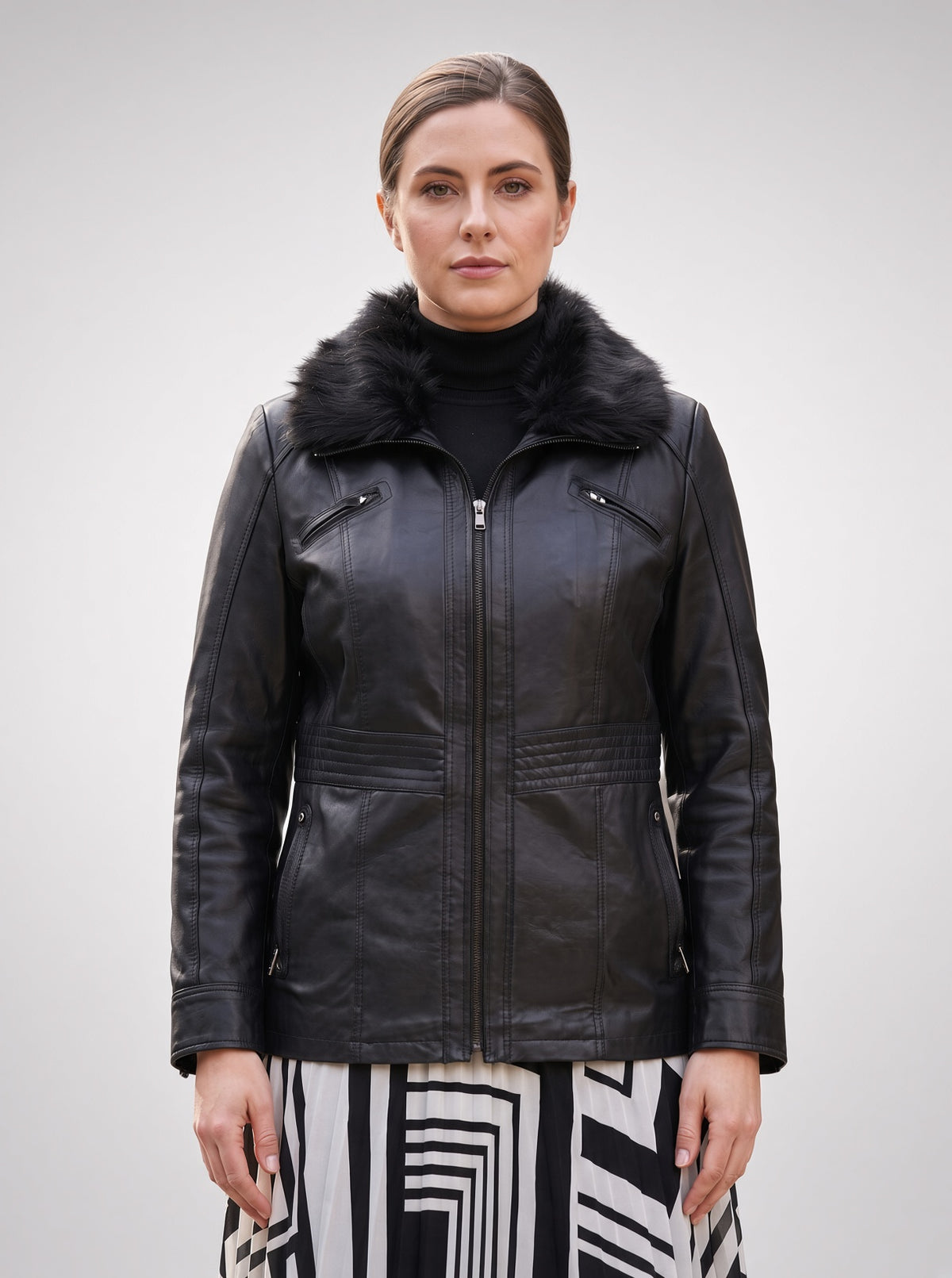 Morgan fur Collar Black Leather Jacket For Women