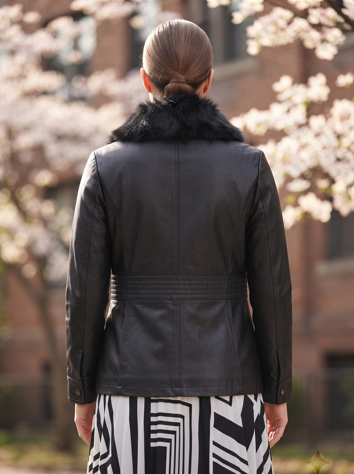 Morgan fur Collar Black Leather Jacket For Women