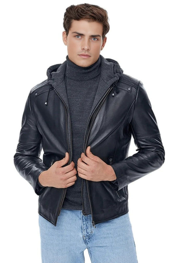 Benjamin Black Hoodie Leather Jacket For Men