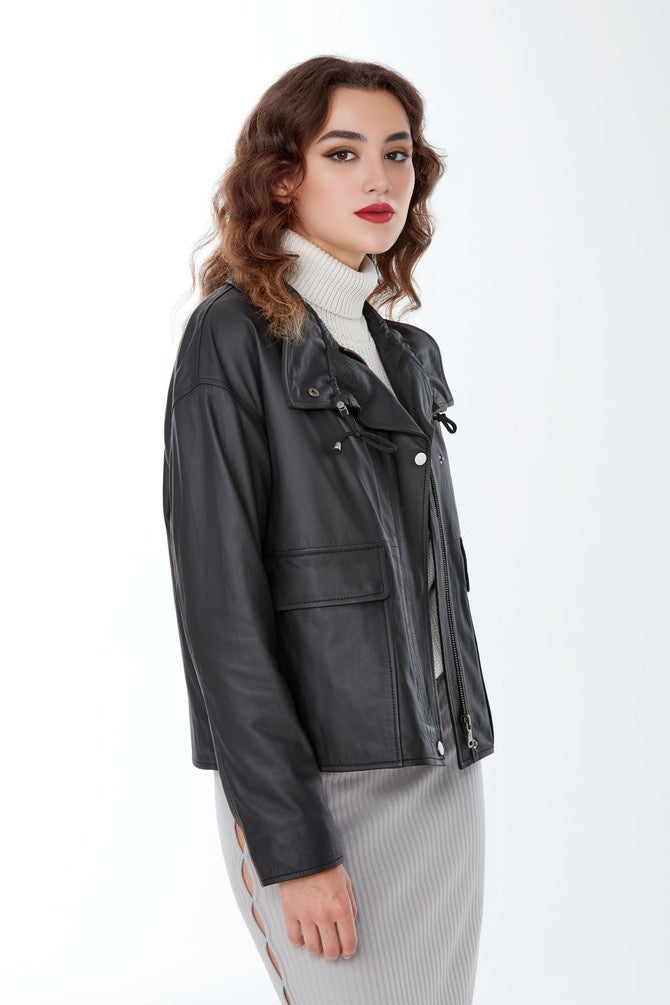 Black Nova Leather Jacket For Women's
