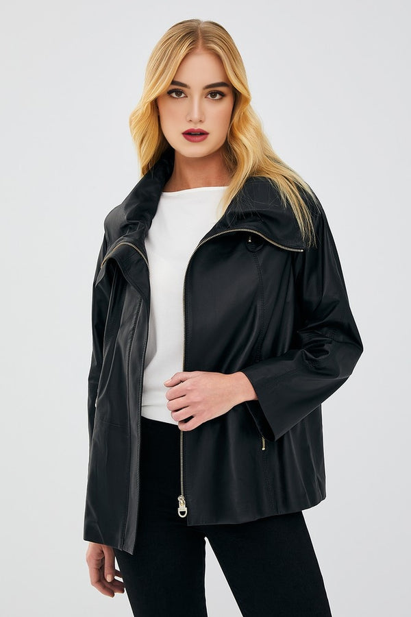 Brenda Free Style Sheepskin Black Leather Coat for Women's
