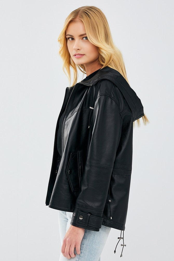 Martha Black Hooded Leather Jacket For Women