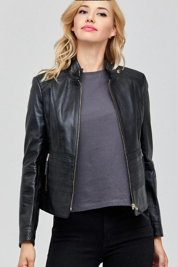 Dainty Biker Racer Black Leather Jacket For Women