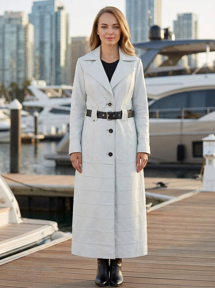 Natalia White Long Leather Coat For Women