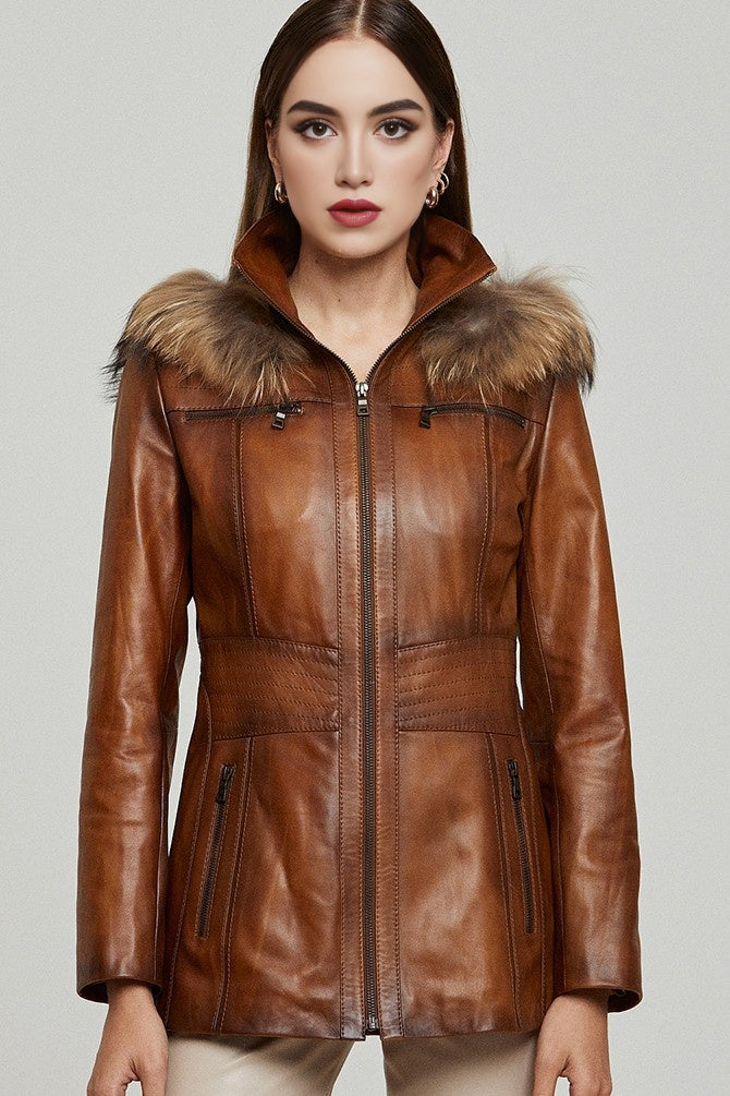 Barbara Waxed Brown Leather Coat for Women