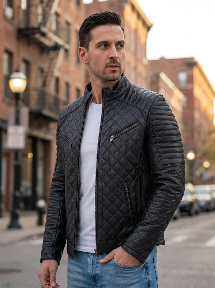 Noah Black Quilted Leather Jackert For Men