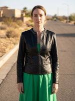 Stone Work Black Leather Jacket For Women