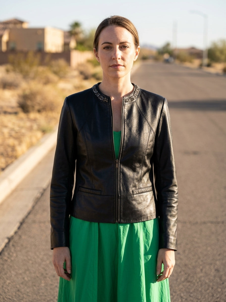 Stone Work Black Leather Jacket For Women