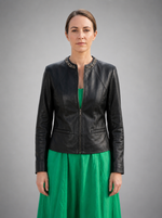 Stone Work Black Leather Jacket For Women