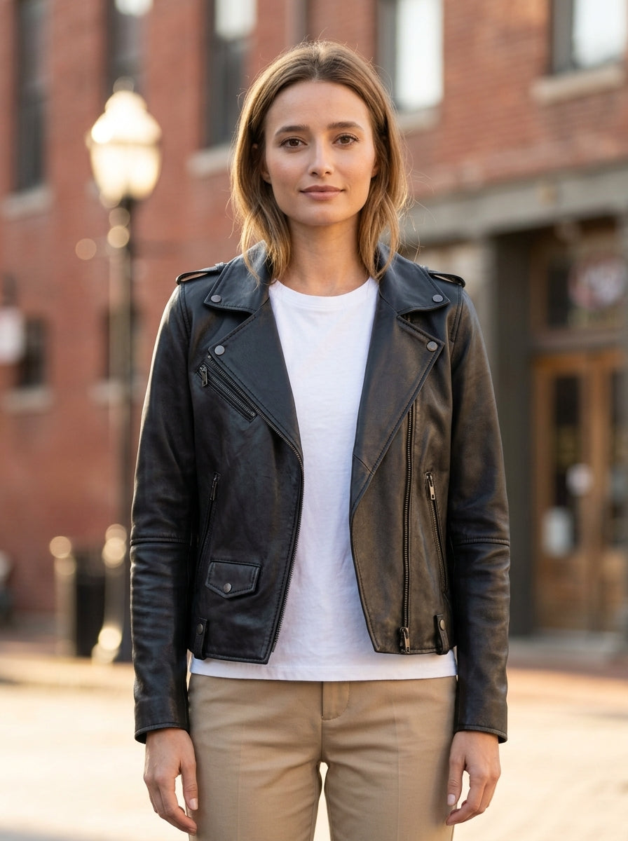 Notched Black Leather Biker Jacket For Women