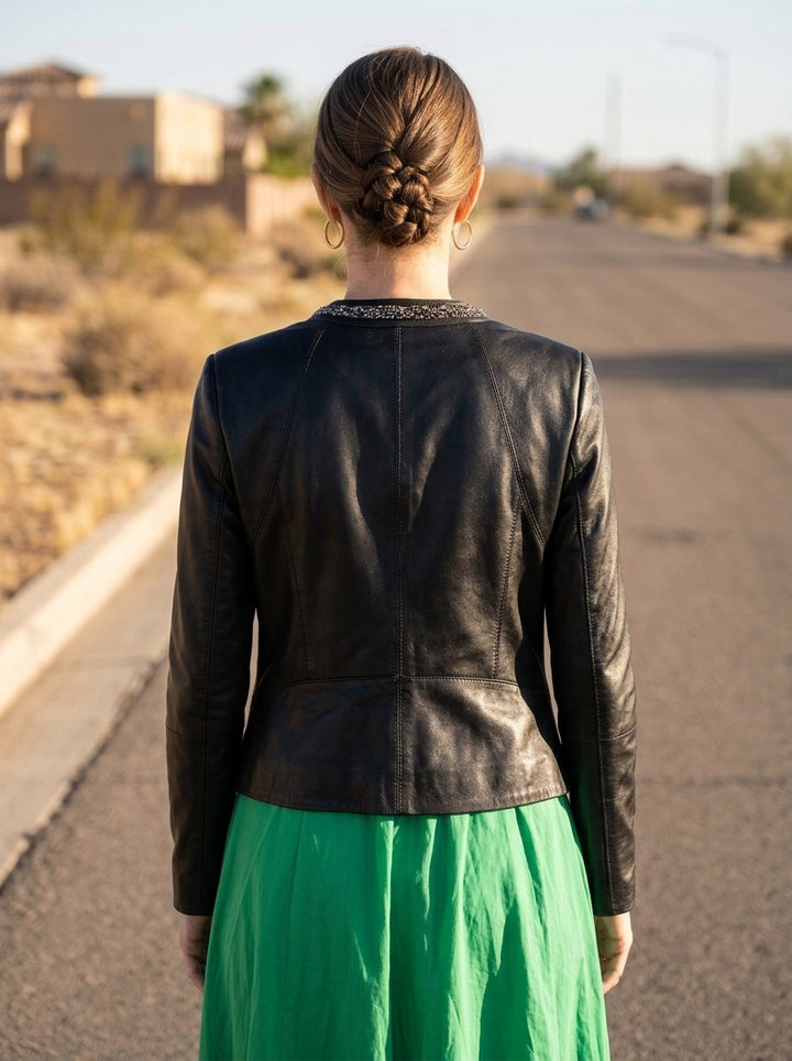 Stone Work Black Leather Jacket For Women