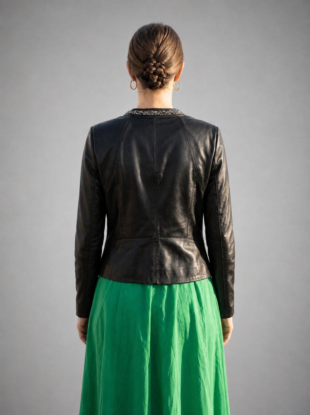 Stone Work Black Leather Jacket For Women