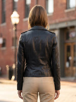 Notched Black Leather Biker Jacket For Women