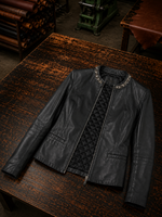 Stone Work Black Leather Jacket For Women