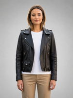 Notched Black Leather Biker Jacket For Women