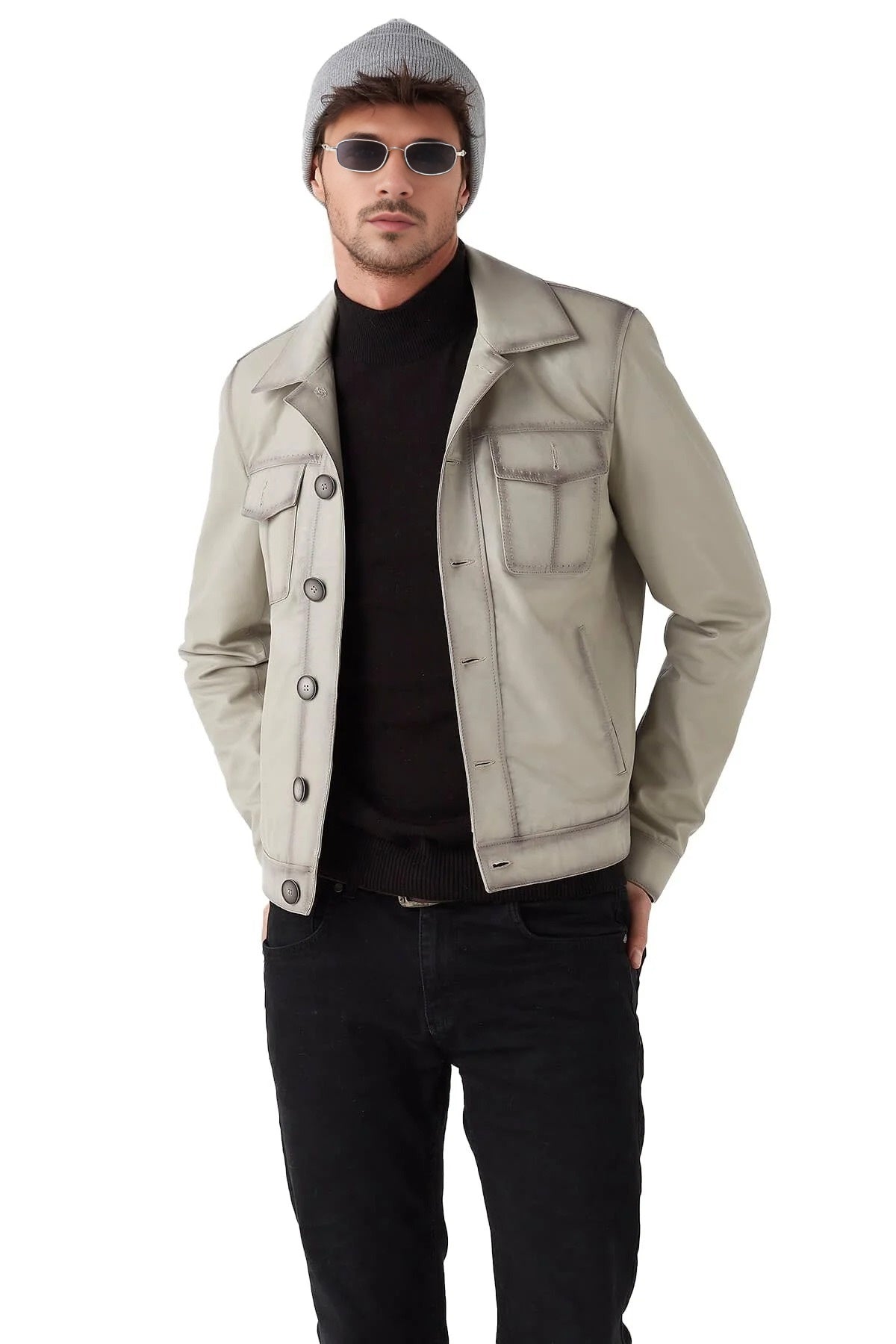 Matthew Beige Motorcycle Leather Jacket For Men