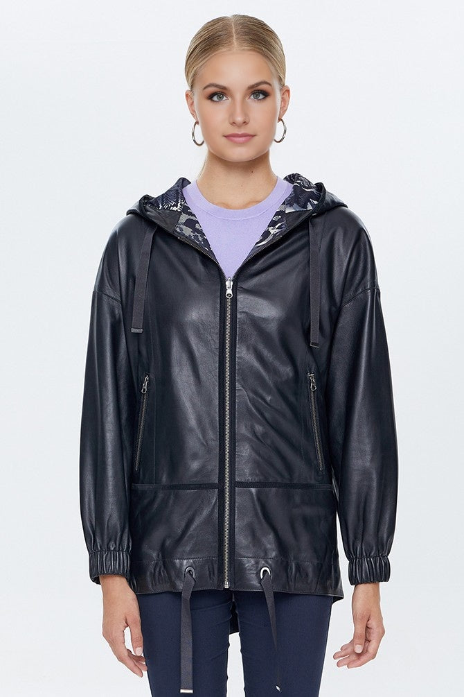 Women Black Leather Jacket With Hoodie