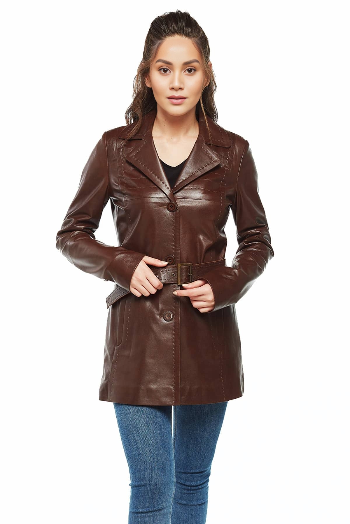 Athena Women Brown Leather Coat