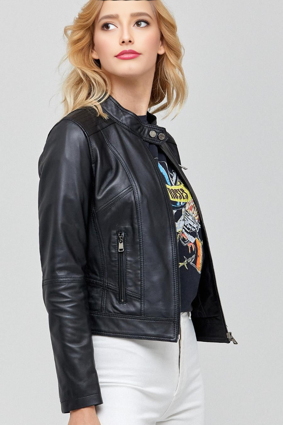 Street Style Motor Bike Black Leather Jacket For Women