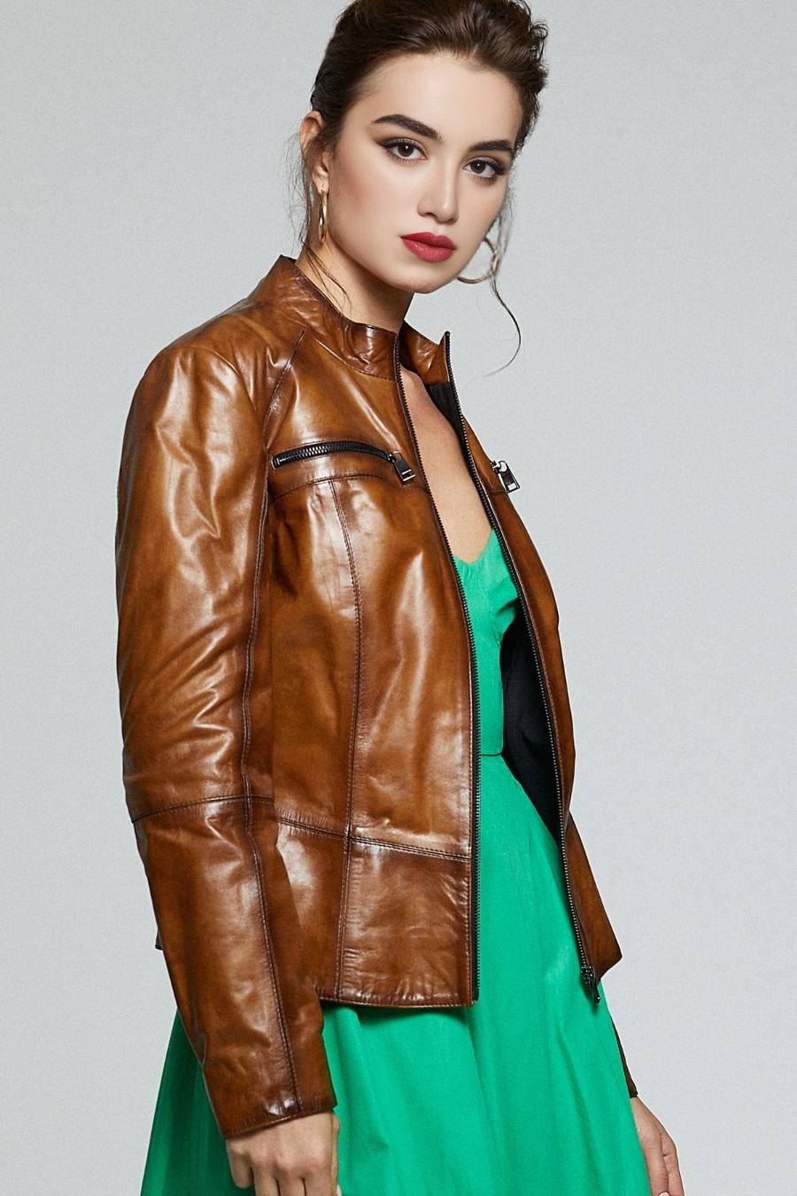 Women Amber Cafe Rccer Brown Leather Jacket