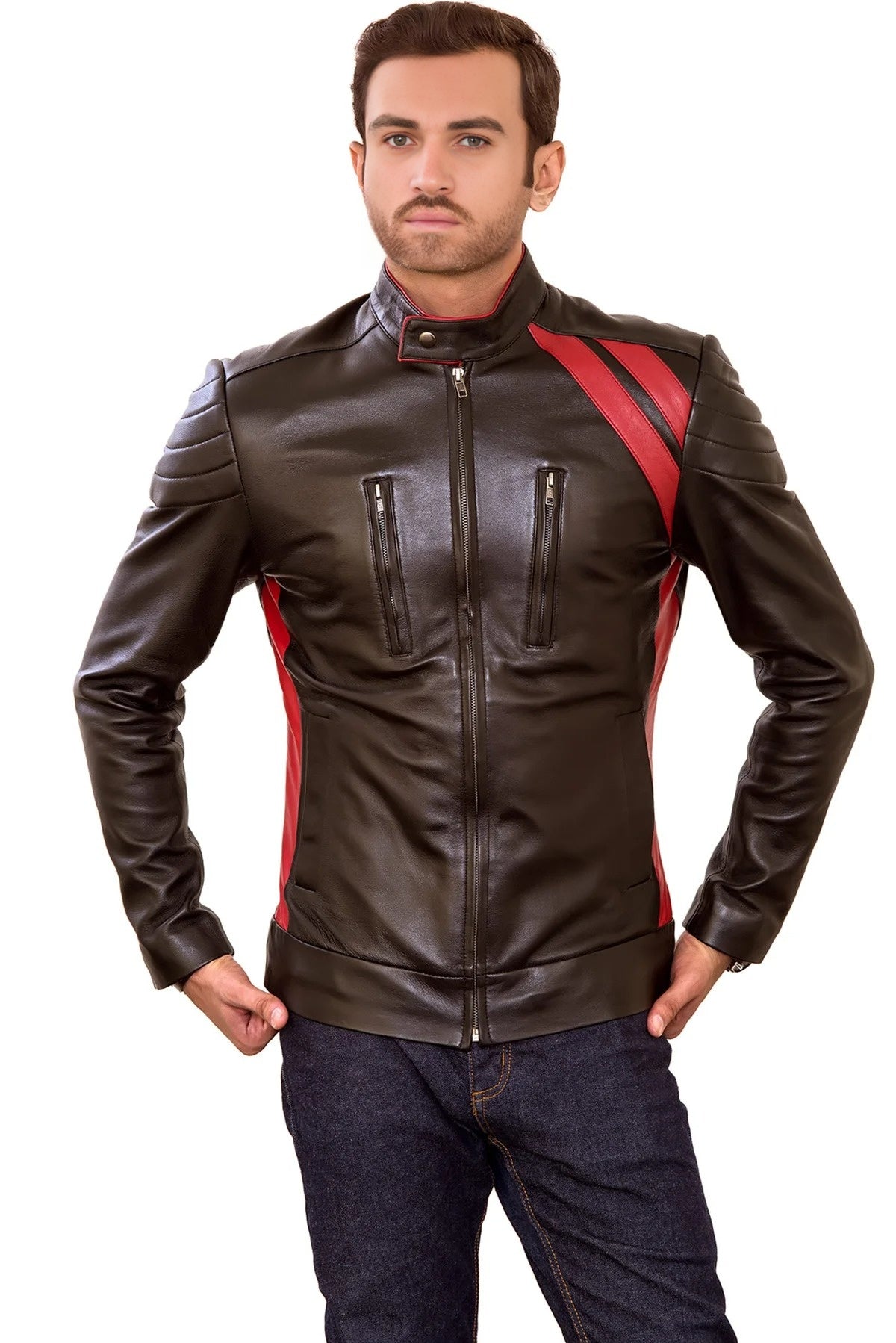 Louis Dark Brown Leather Jacket With Red Stripe For Men