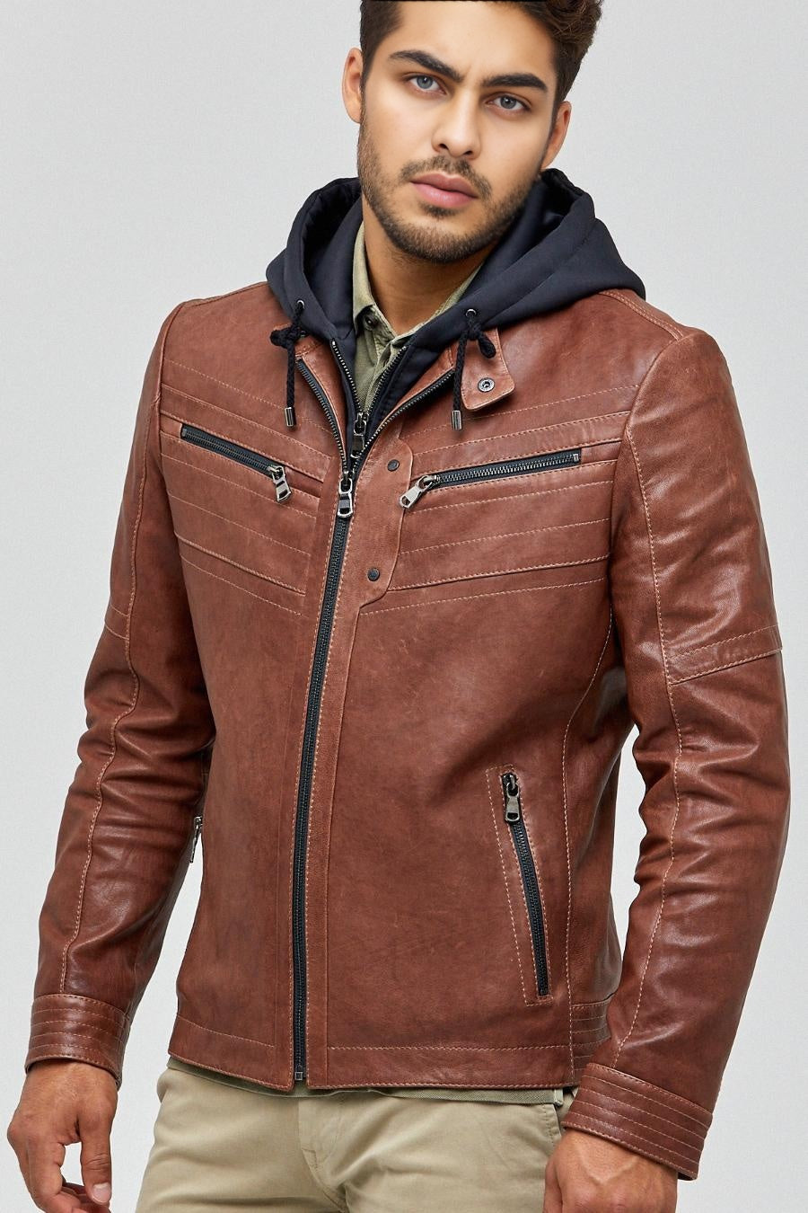 Detroit Hooded Brown Leather Jacket for Men