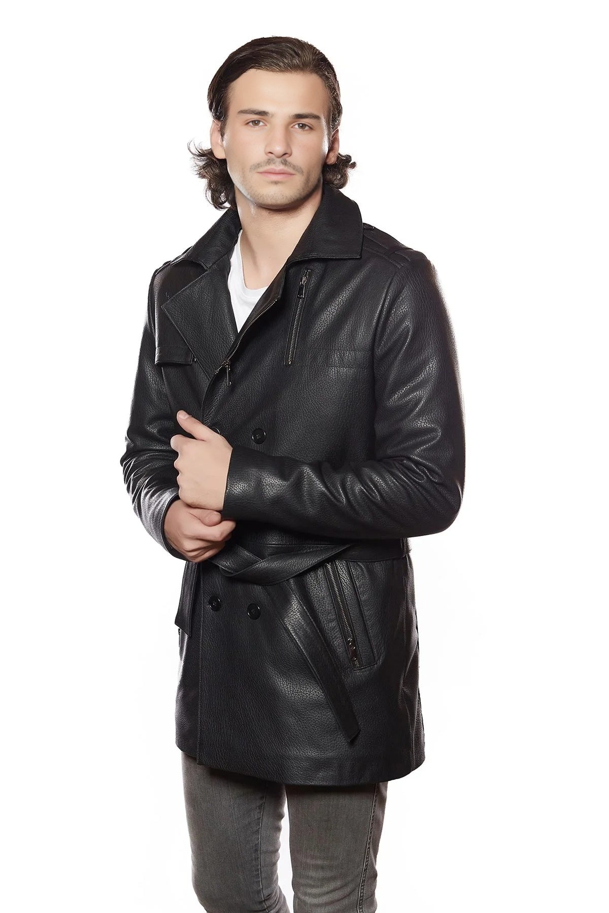 Black Leather Coat With Belt Closure For Men