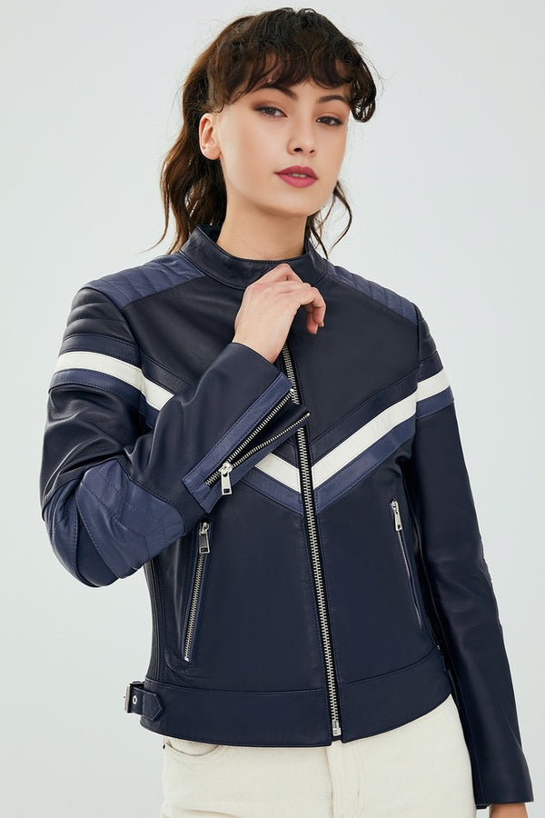 Stylish Black Women Leather Jacket With Beautiful Blue & White Color