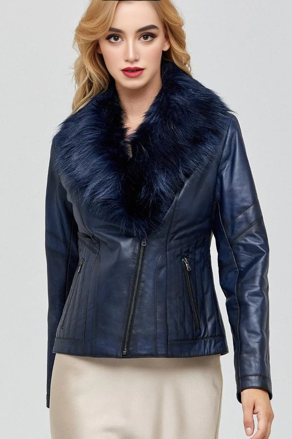 Isabella Dark Blue Leather Jacket With Fur Collar For Women