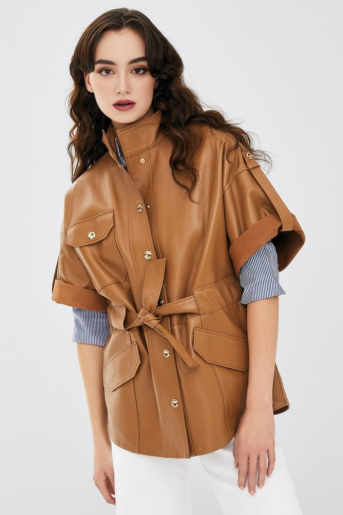 Brown Goldy Leather Jacket For Women's