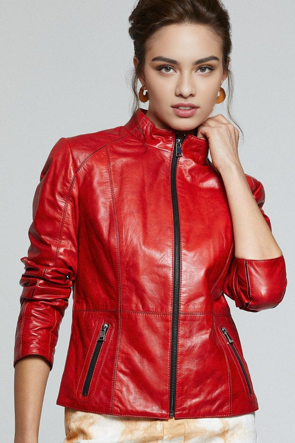 Scarlet Red Stylish Leather Jacket For Women