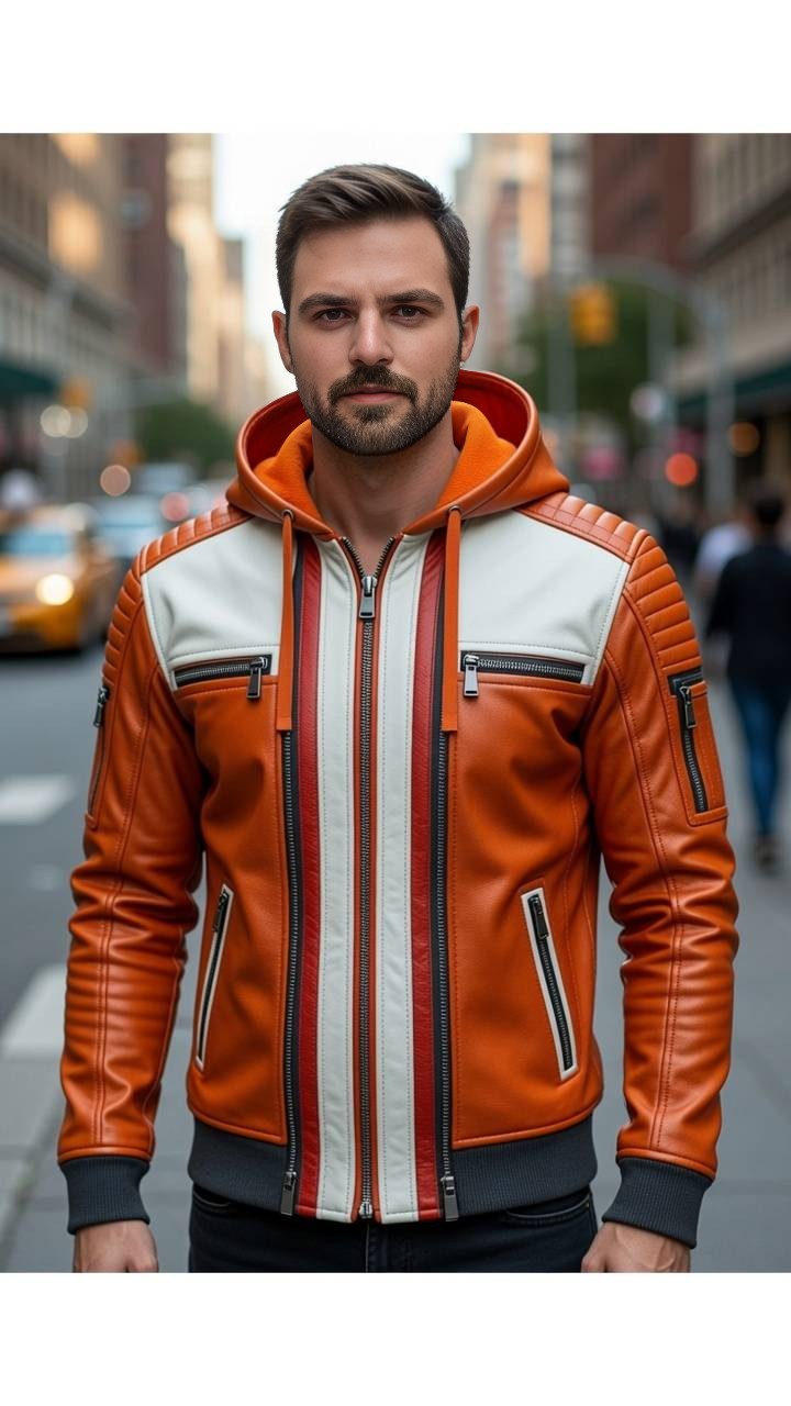 Orange White Leather Jacket For Men