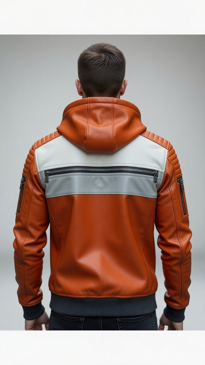 Orange White Leather Jacket For Men