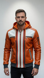 Orange White Leather Jacket For Men