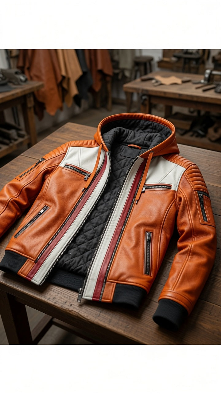 Orange White Leather Jacket For Men
