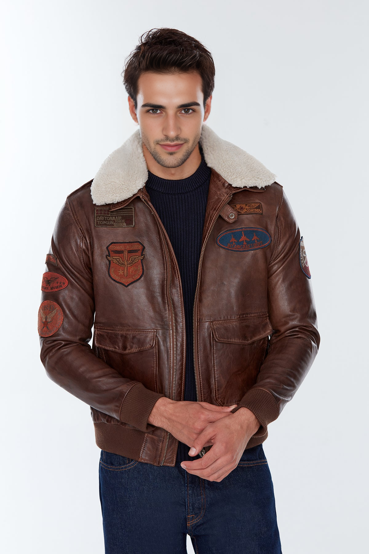 Maverick Pilot Fur Collar with Emblem Brown Leather Jacket For Men