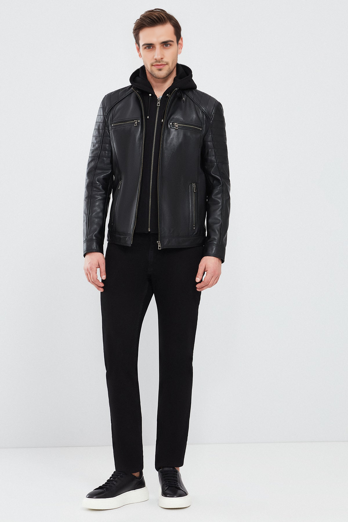Sergio Black Sports Hooded Leather Jacket For Men
