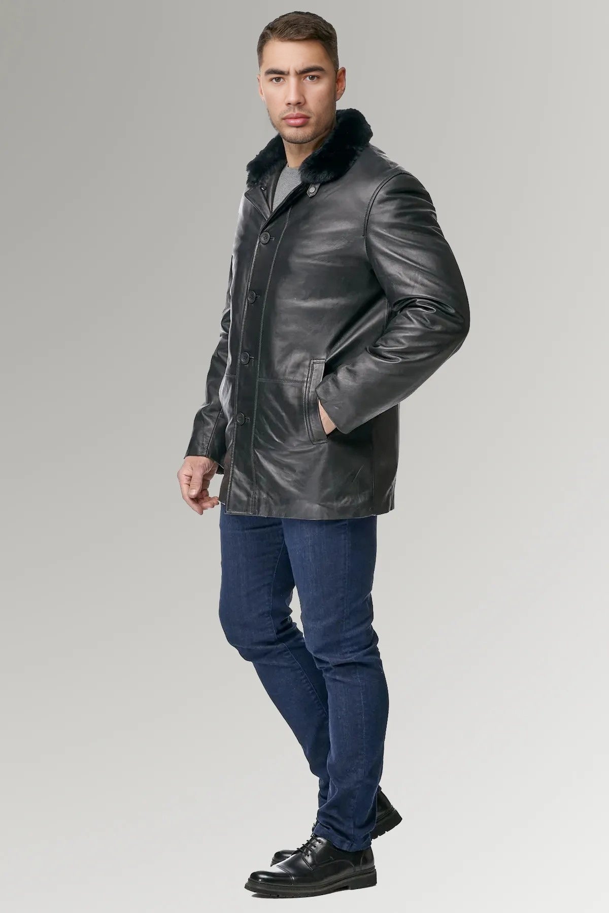 Preston Black Fur Collar Leather Jacket For Men