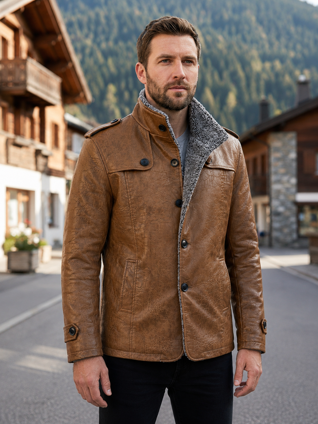 Parka Brown Fur Leather Coat For Men
