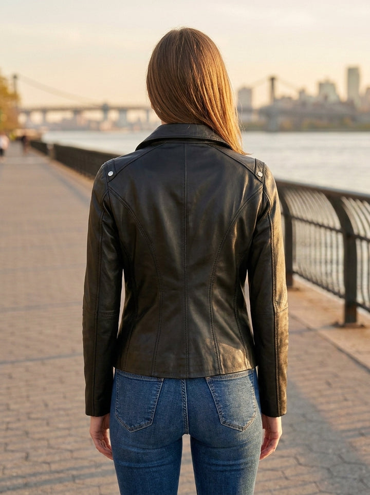 Patricia Stylish Collar Black Leather Jacket For Women