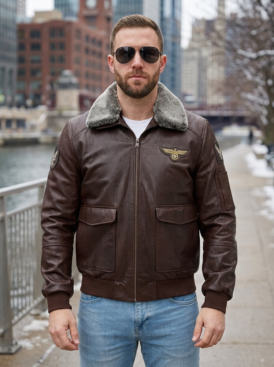 Patrick Brown Fur Collar Leather Jacket For Men