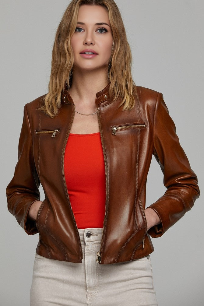 Natalia Distressed Brown Leather Jacket