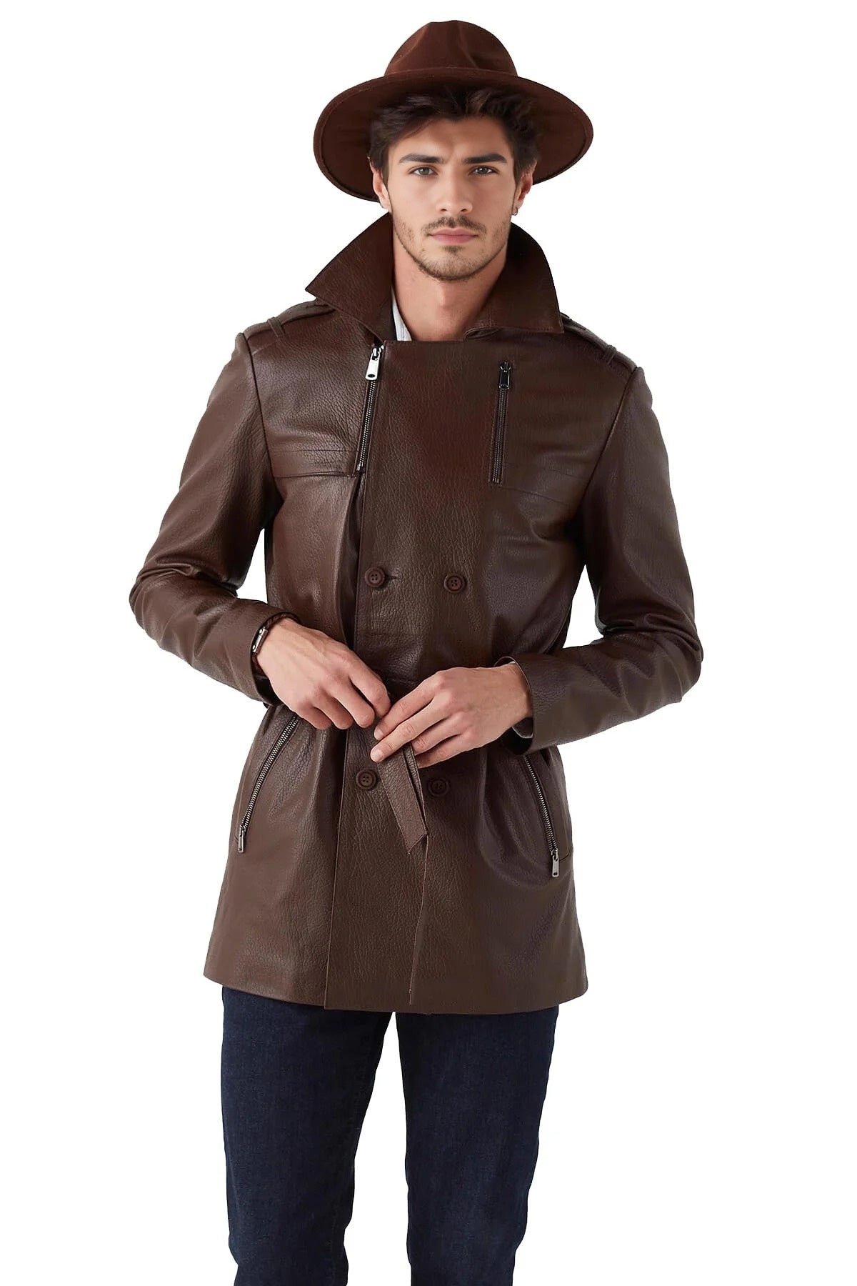 Thor Brown Trench Leather Coat For Men