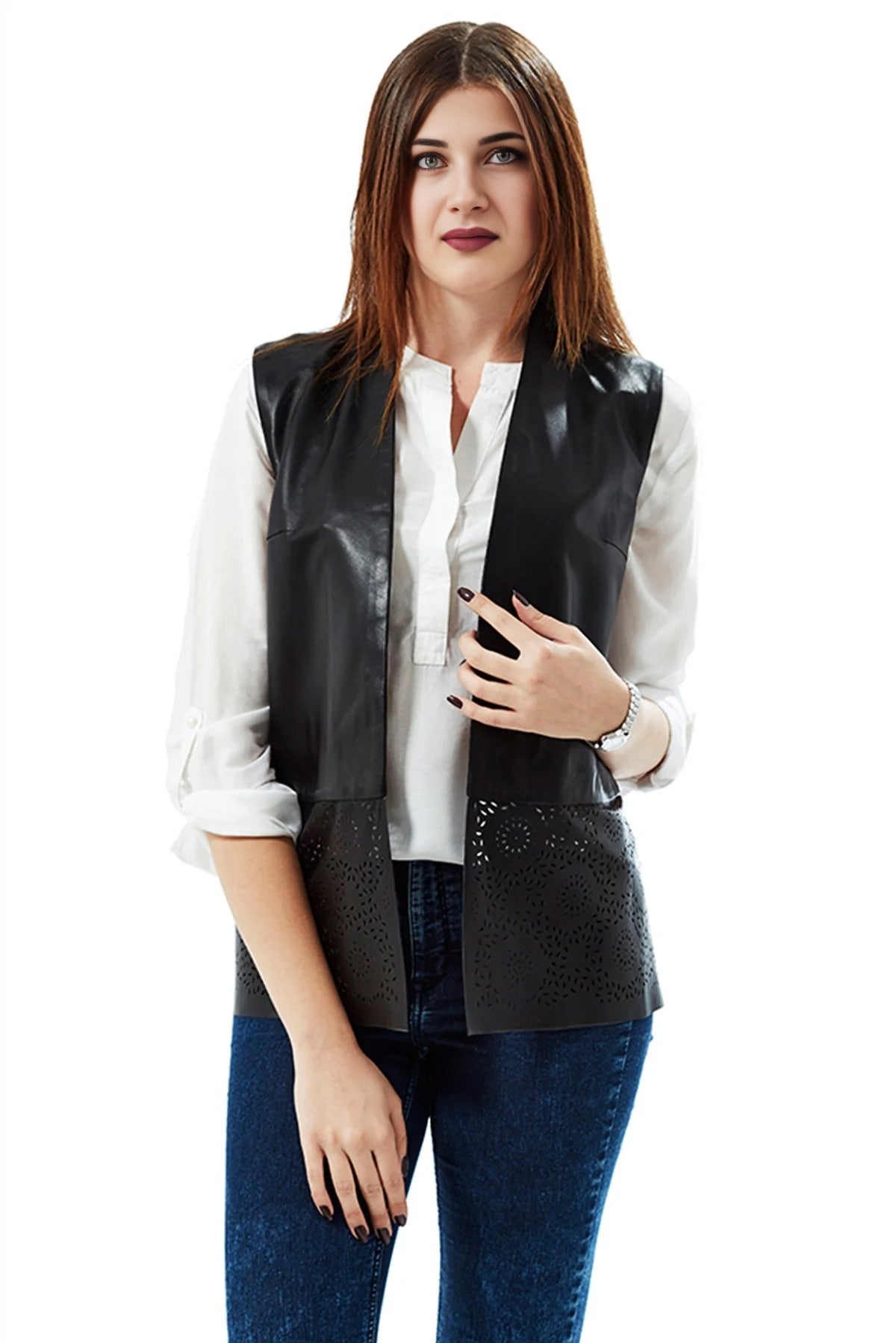Tawana Vest Black Front Open Leather Jacket For Women