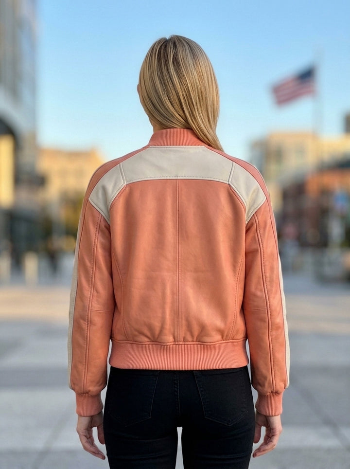 Peach & White Leather Jacket For Women