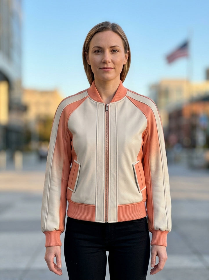 Peach & White Leather Jacket For Women
