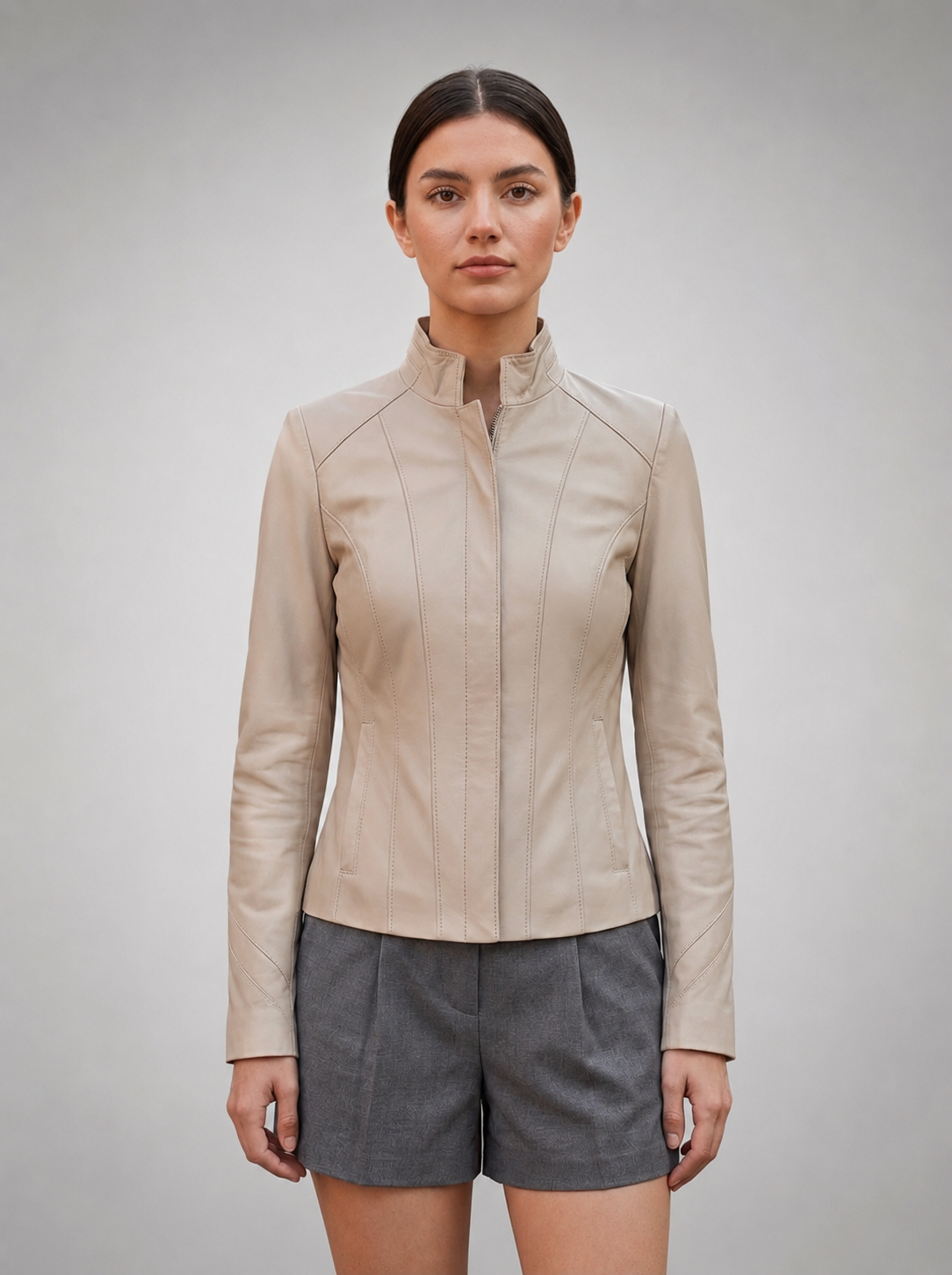 Penelope Beige Leather Jacket For Women