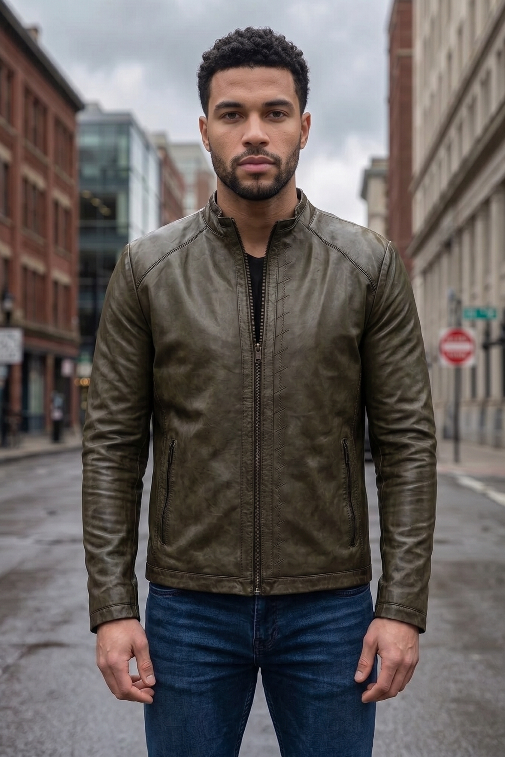 Peter Dark Green Biker Racer Leather Jacket For Men